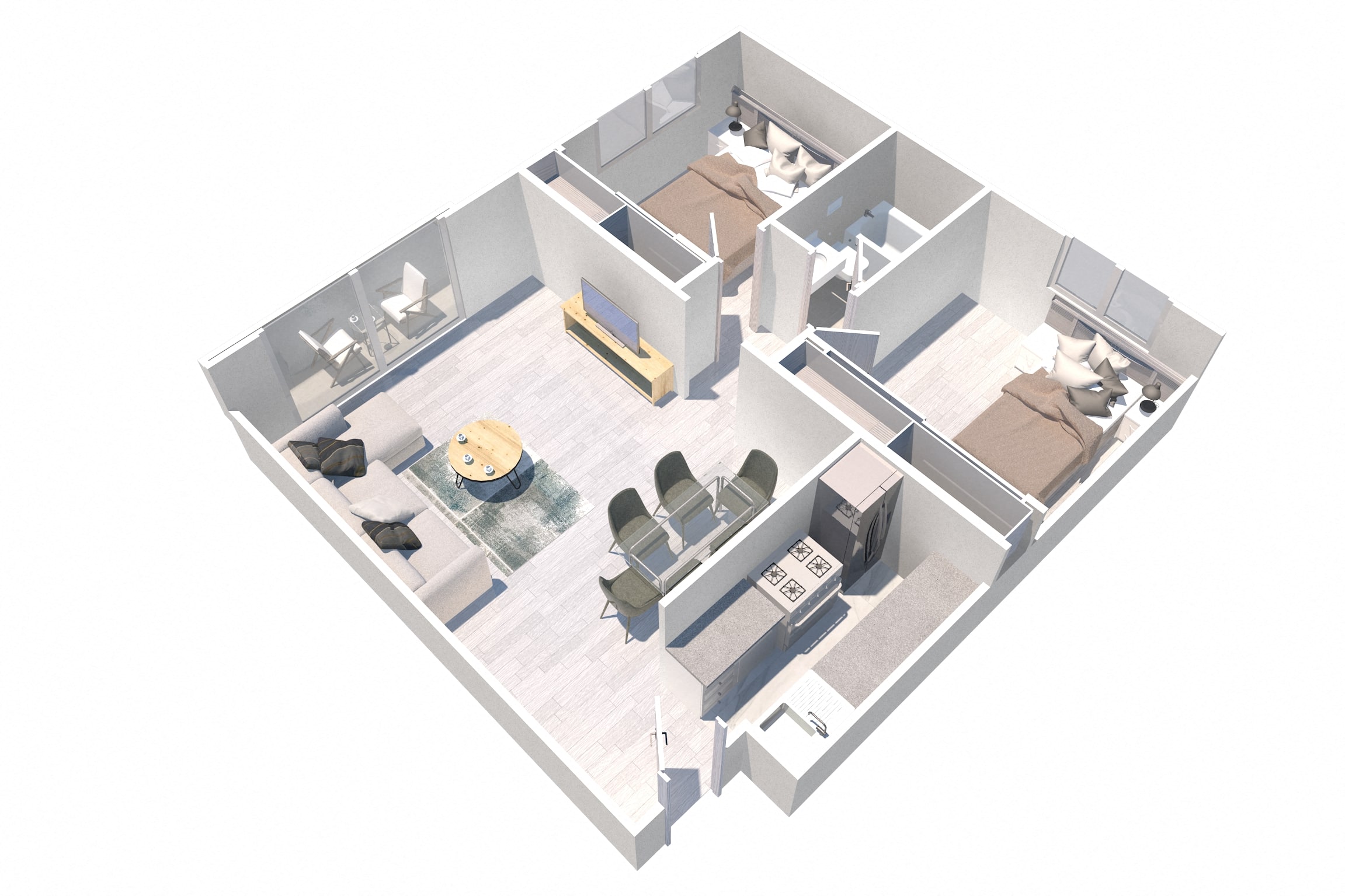 Two bedroom and one bathroom apartment floor plan at the Pavillion Apartment in Tarzana, CA